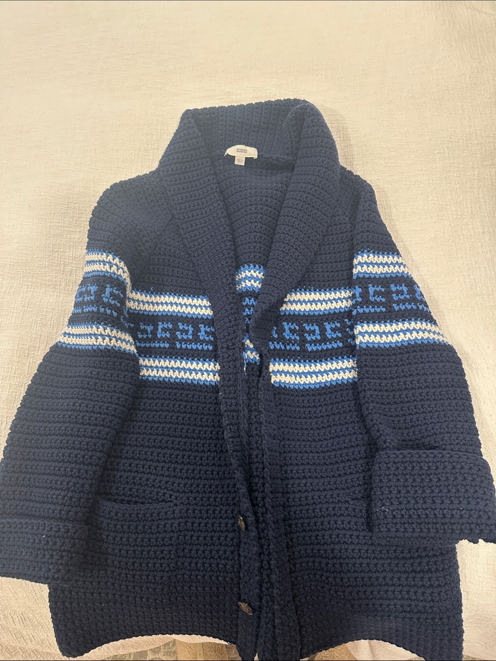 Closed Navy Blue Crochet Shawl Cardigan with White & Light Blue Stripes